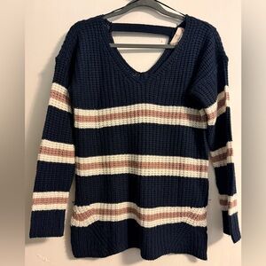 Pink Rose - Navy Striped Double V-Neck Sweater (VGUC)